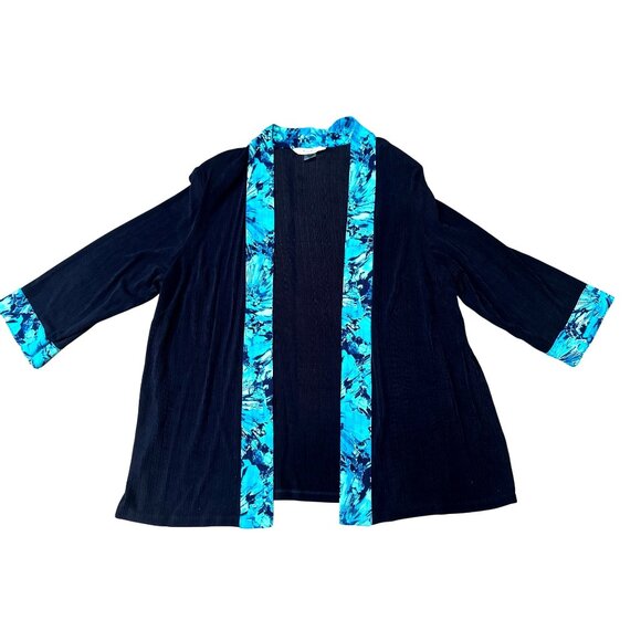 TanJay Size 2X Vintage Black Blue Abstract Trim Jacket Open Front Stretch Travel - Picture 8 of 8